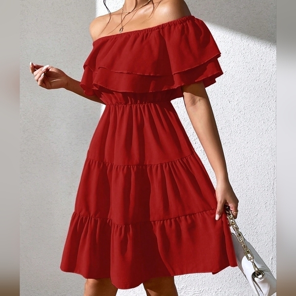 Women's Off-Shoulder Ruffle Hem Bodycon Dress - Picture 3 of 4
